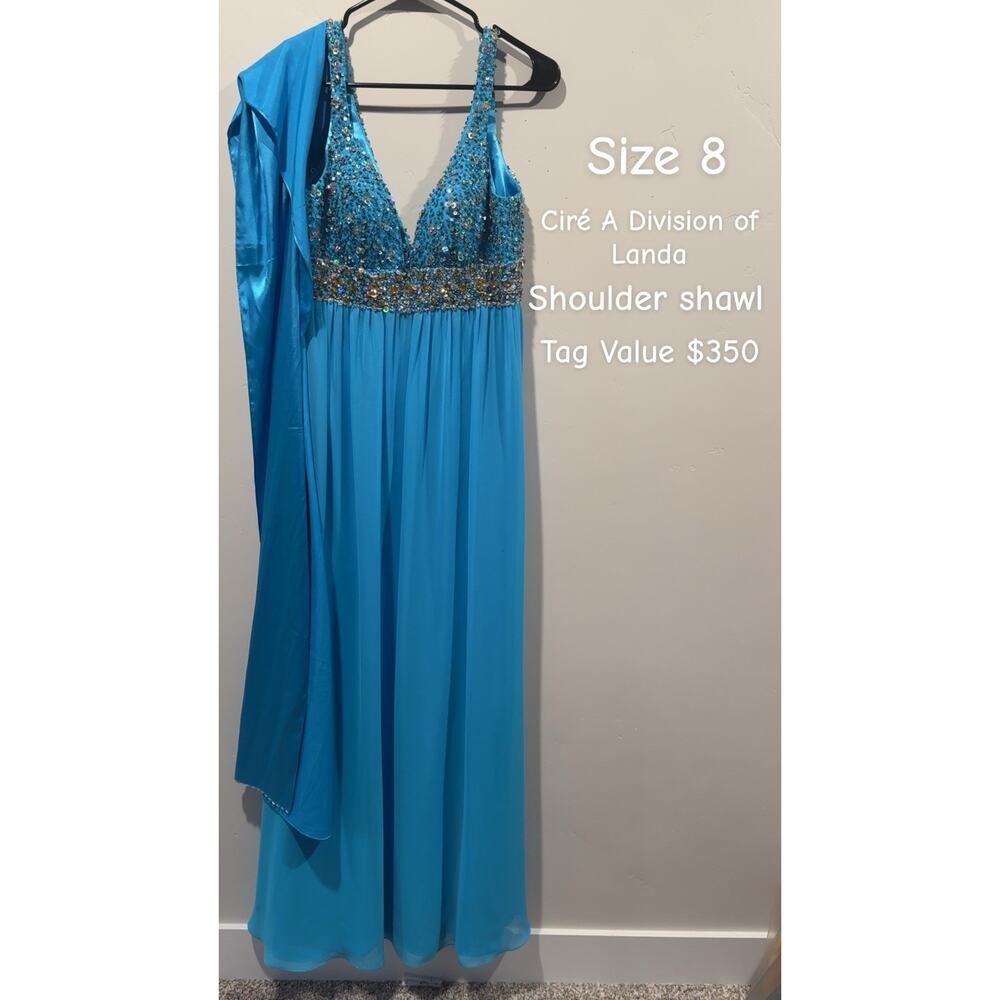 Cire A Division Of Landa Women's Sz 8 Blue Dress W/ Rhinestones W/Shoulder Shawl